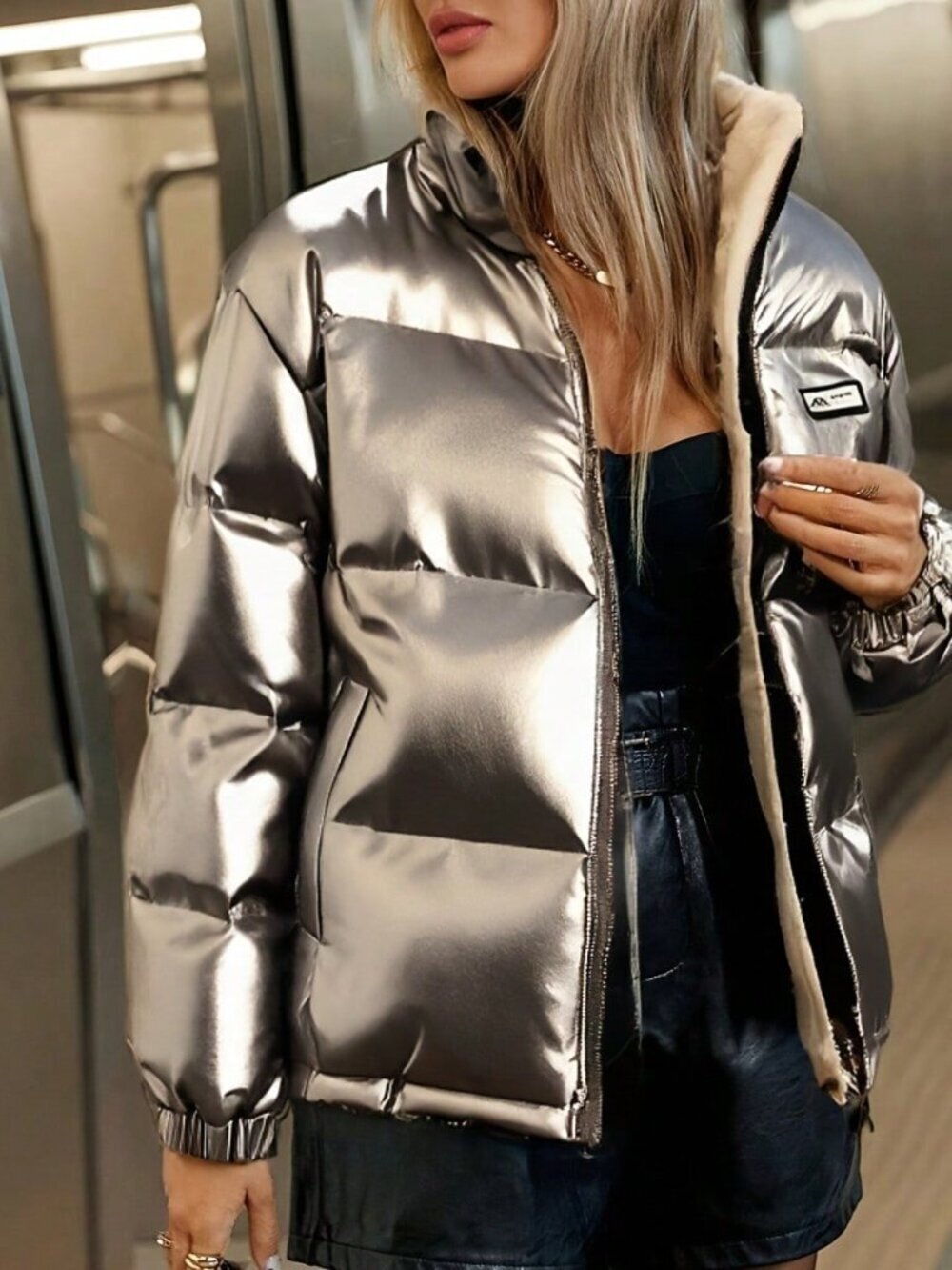Gold Casual Women's Long Sleeve Quilted Cotton Padded Jacket with Pockets